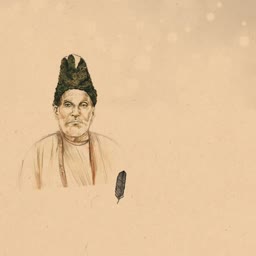 A minimalist sketch portrait of the poet Mirza Ghalib on a beige background with a quill pen
