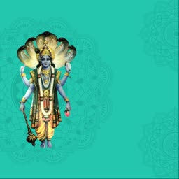 Lord Vishnu standing with traditional attire and ornaments against a teal mandala background