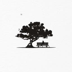 A minimalist black and white silhouette of a person sitting on a bench beneath a large tree.