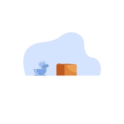 A flat vector illustration of a desk with a small plant and an orange box.