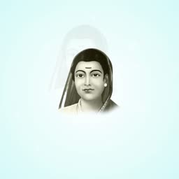 A stylized, faded portrait of the Indian social reformer Savitribai Phule against a light blue background