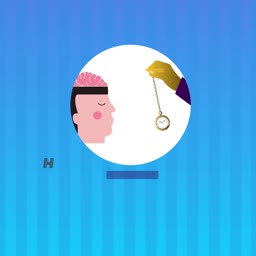 A graphic design depicting a side profile of a human head with a visible brain being hypnotized by a swinging pocket watch held by a hand.