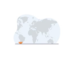 An abstract flat vector illustration of a world map with an orange shipping bowl icon at the base, signifying global trade or delivery services.
