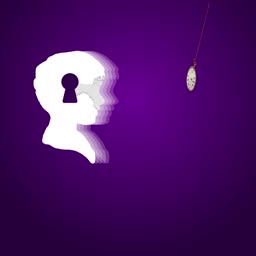A white silhouette of a child's head with a keyhole design being hypnotized by a swinging pocket watch on a dark purple background.