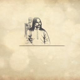 A minimalist black and white line drawing of a person with long hair sitting at a table against a light brown textured background