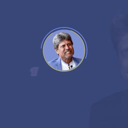 Portrait of Indian cricket legend Kapil Dev inside a circular frame on a blue background