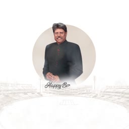 Portrait of Kapil Dev with a stadium background for birthday wishes
