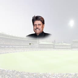 Former Indian cricket captain Kapil Dev overlaid on a cricket stadium background