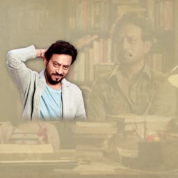 Actor Irrfan Khan smiling with a faded library background