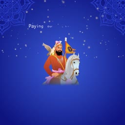 A graphic art depiction of Guru Gobind Singh Ji riding a white horse against a deep blue background.