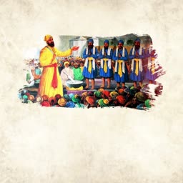 An illustration of Guru Gobind Singh addressing the Panj Pyare before a congregation of Sikhs.