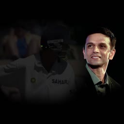 Rahul Dravid smiling portrait with a faded background image of himself wearing cricket gear