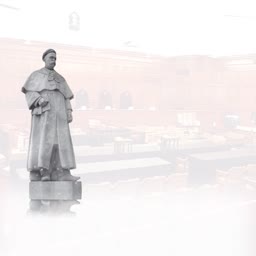 A faded, semi-transparent image of a standing statue of Bal Gangadhar Tilak in front of a blurred background of the Indian Parliament House