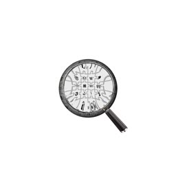 A magnifying glass focusing on a segment of the Wikipedia puzzle globe logo