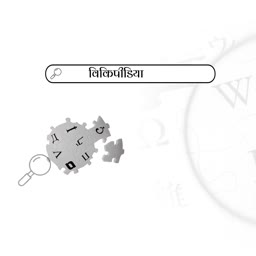 A minimalist graphic showing the Wikipedia logo being examined by a magnifying glass with a Hindi search bar above it