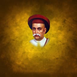 An artistic portrait of Bal Gangadhar Tilak wearing a traditional red turban against a golden yellow background.