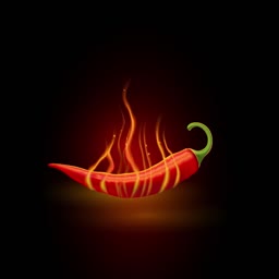 A bright red chili pepper surrounded by flames against a black background