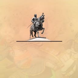 A metallic statue of Maharana Pratap on a horse set against a sepia-toned artistic background.