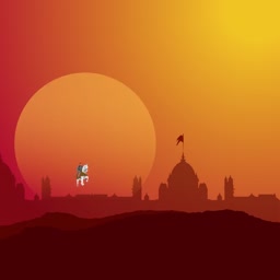 A lone rider on a white horse silhouette in front of a giant sunset with a dome building