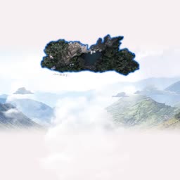 A surreal floating island with lush greenery and rocky terrain suspended above a misty mountain landscape.