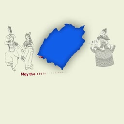 A creative illustration featuring the blue silhouette of Manipur state map flanked by traditional Manipuri dancers on a light cream background.