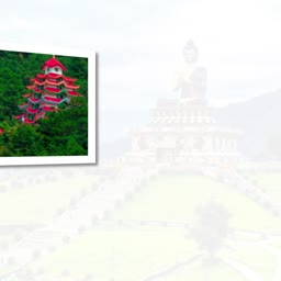 A red multi-storied pagoda nestled in lush greenery, overlaying a faint silhouette of a large Buddha statue
