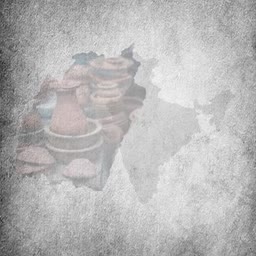 An artistic blend of an Indian map silhouette layered with traditional earthenware pottery on a textured grey background.