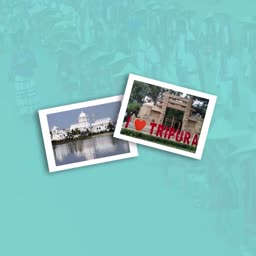 Two framed photographs displaying the Ujjayanta Palace and an I Love Tripura sign against a light blue background