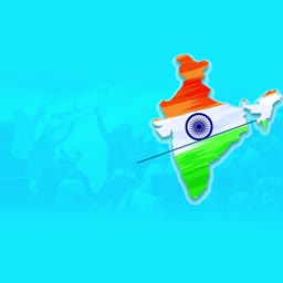 A stylized map of India with the Indian tricolor flag over a bright cyan background.