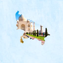 The Taj Mahal monument silhouette within the shape of the Uttar Pradesh state map of India
