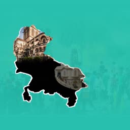A map of Uttar Pradesh silhouette featuring heritage architecture against a teal background