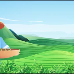 A person harvesting fresh green tea leaves in a scenic, rolling tea plantation under a bright sky.