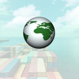 A stylized globe icon hovering over a shipping container terminal landscape