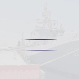 A faded silhouette of a naval vessel in a harbor setting