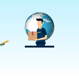 A courier character delivering a package in front of a globe illustration with an airplane in flight