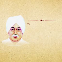 An artistic portrait of Gujarati writer Jhaverchand Meghani wearing a white turban on a textured tan background.