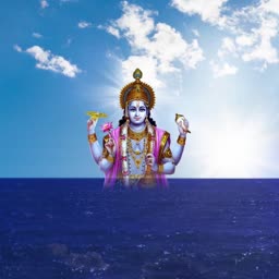 Lord Vishnu floating above a dark ocean against a bright blue sky with clouds