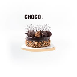 A rich chocolate cake topped with truffles and nuts, featuring the partial text CHOCOL.