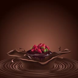 A fresh strawberry dipped in rich liquid chocolate with a splash ripple effect