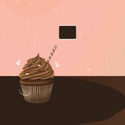 A chocolate cupcake with a straw on a table against a pink wall with a small black rectangular element