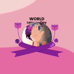 World Leprosy Day poster featuring a globe, a raised hand, and a purple awareness ribbon against a pink background.