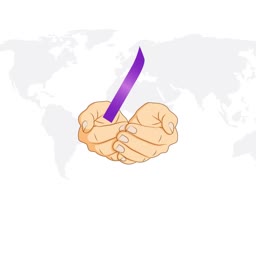 Cupped hands holding a purple awareness ribbon against a global map background