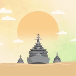 A cartoon illustration of a large naval warship accompanied by two smaller vessels sailing on a calm ocean at sunset.