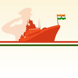 A graphic illustration featuring an Indian naval ship and a saluting soldier silhouette with the Indian flag.