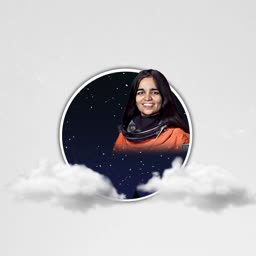 Portrait of a woman wearing an orange spacesuit against a starry space background with clouds