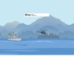 A cartoon illustration showing an Indian navy ship and a helicopter flying over the sea with mountains in the background