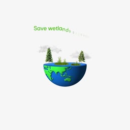 A graphic showing a halved earth globe with trees and vegetation representing wetlands, accompanied by text reading Save wetlands.