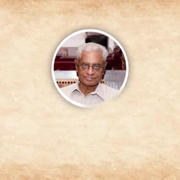 A formal portrait of an elderly man with glasses inside a circular frame on a textured paper background.