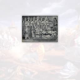 A monochromatic illustration of Bhishma Pitamah lying on a bed of arrows surrounded by royalty and warriors.