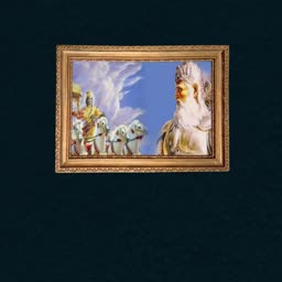 A golden framed painting depicting Lord Krishna driving a chariot for Arjuna against a blue sky background.